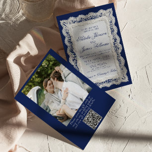 Lace Royale Blue Old Money Photo QR Code Wedding Invitation