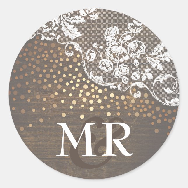 Lace Rustic Wood Gold Confetti Barn Wedding Classic Round Sticker (Front)
