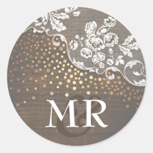 Lace Rustic Wood Gold Confetti Barn Wedding Classic Round Sticker