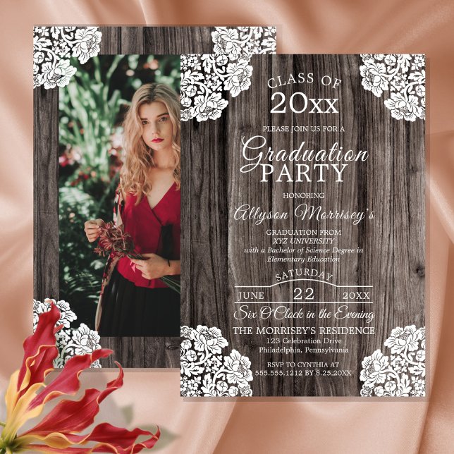 Lace | Rustic Wood Photo College Graduation Party Invitation (Creator Uploaded)