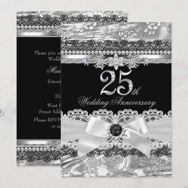 Lace & Silver Pearl Bow 25th Anniversary Invite (Front/Back)