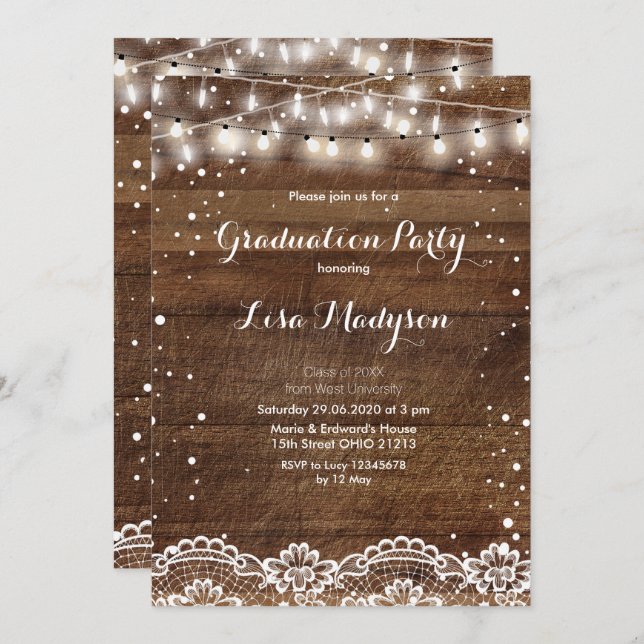 Lace String Lights Graduation Party Card Rustic (Front/Back)