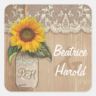 Lace Sunflower Wood and Mason Jar Rustic Square Sticker