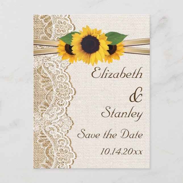 Lace, sunflowers and burlap wedding Save the Date Announcement Postcard (Front)