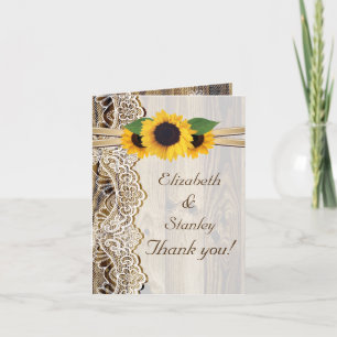 Lace, sunflowers and wood wedding Thank You Card