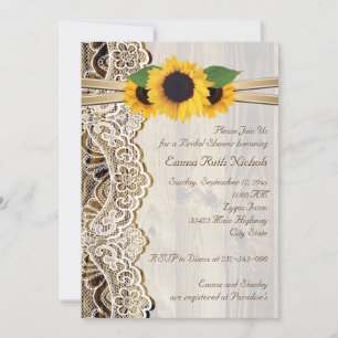 Lace & sunflowers on wood wedding bridal shower invitation