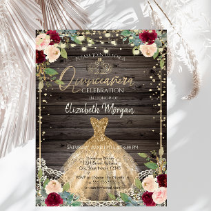 Lace,Tiara,Dress,Roses Dark Wood Quinceañera Invitation