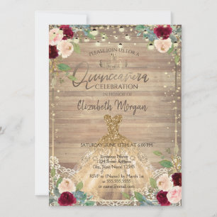 Lace,Tiara,Lights,Dress,Roses Wood Quinceañera  Invitation