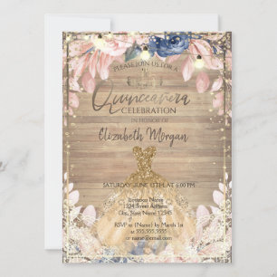 Lace,Tiara,Lights,Dress Wood Flowers Quinceañera  Invitation