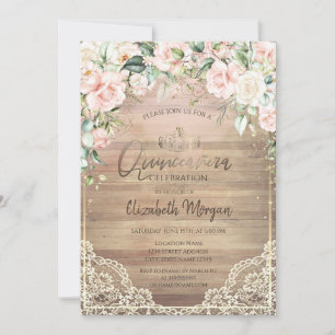 Lace,Tiara,Lights,Wood Pink Roses Quinceañera  Invitation