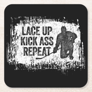 Lace Up. Repeat. (hockey) Square Paper Coaster