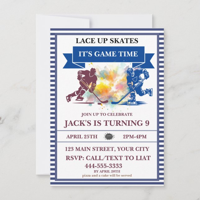 "Lace Up Skates, It's Game Time" Ice Hockey  Invitation (Front)