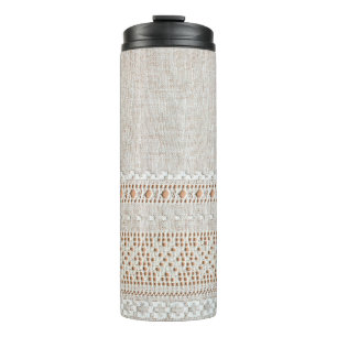 Lace vintage background with embroidery, grid thermal tumbler