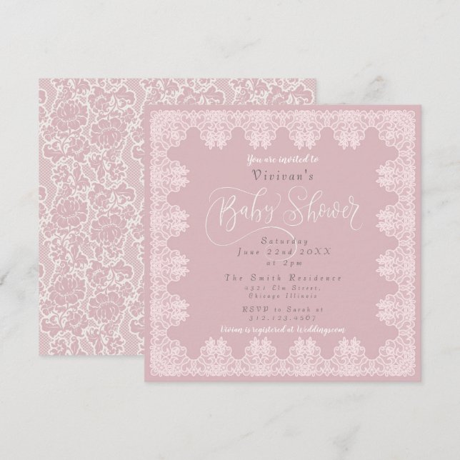 Lace Vintage Shabby Chic Pink Baby Shower  Invitation (Front/Back)