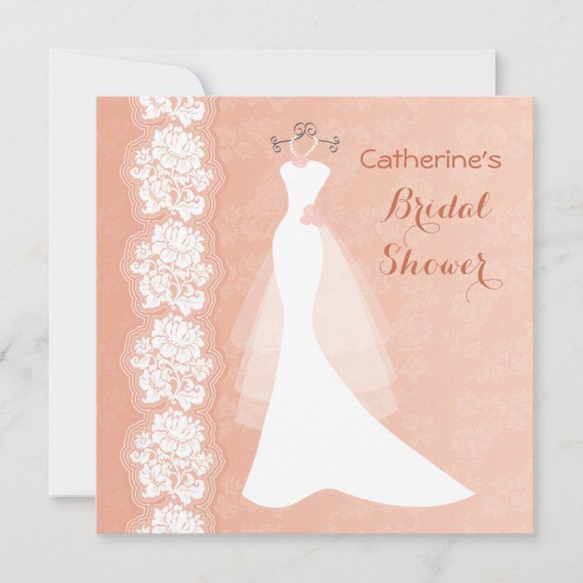 Lace, wedding dress on coral Bridal Shower Invite (Front)