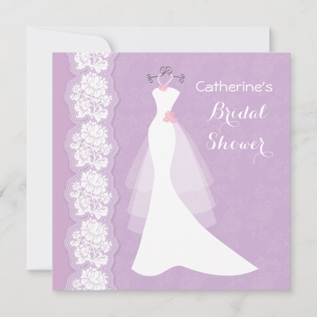 Lace, wedding dress on purple Bridal Shower Invite (Front)
