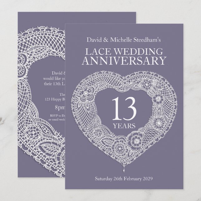 Lace wedding heart 13 years party invitations (Front/Back)