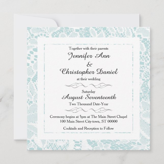 Lace Wedding Invitations - Teal Blue Square Invite (Front)