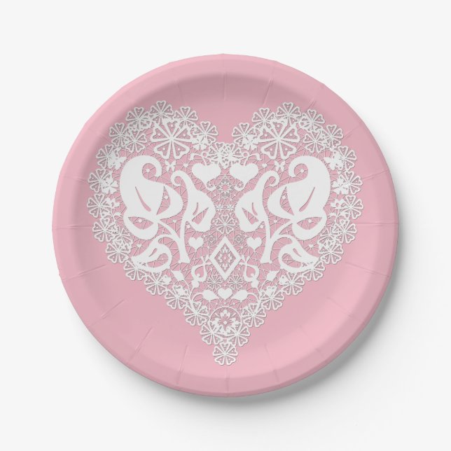 Lace white heart leaves floral lacy Valentines Day Paper Plate (Front)