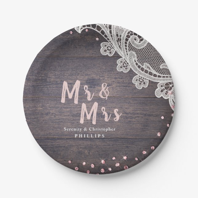 Lace wood blush glitter Mr and Mrs rustic wedding Paper Plate (Front)