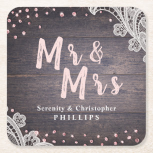 Lace wood blush glitter Mr and Mrs rustic wedding Square Paper Coaster