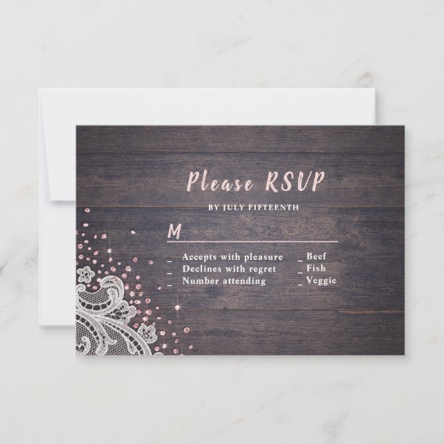 Lace wood blush glitter rustic wedding RSVP (Front)