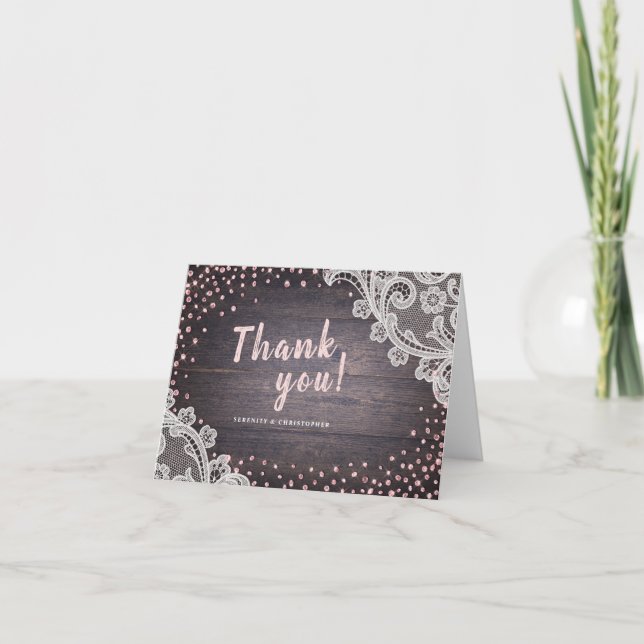 Lace wood blush glitter rustic wedding thank you (Front)
