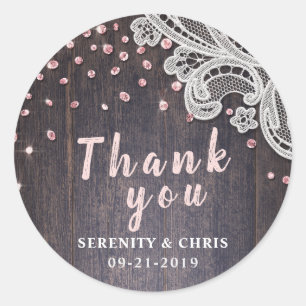 Lace wood blush glitter rustic wedding thank you classic round sticker