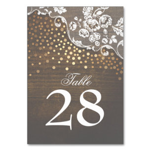 Lace Wood Gold Confetti Rustic Wedding Table Number