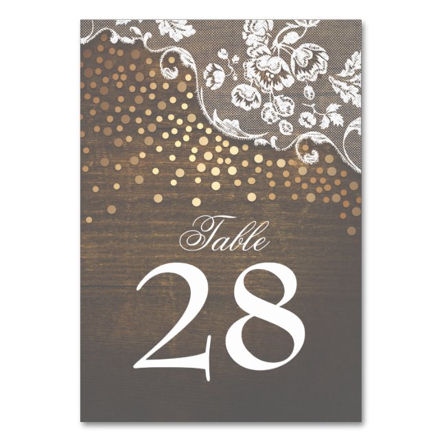 Lace Wood Gold Confetti Rustic Wedding Table Number (Front)