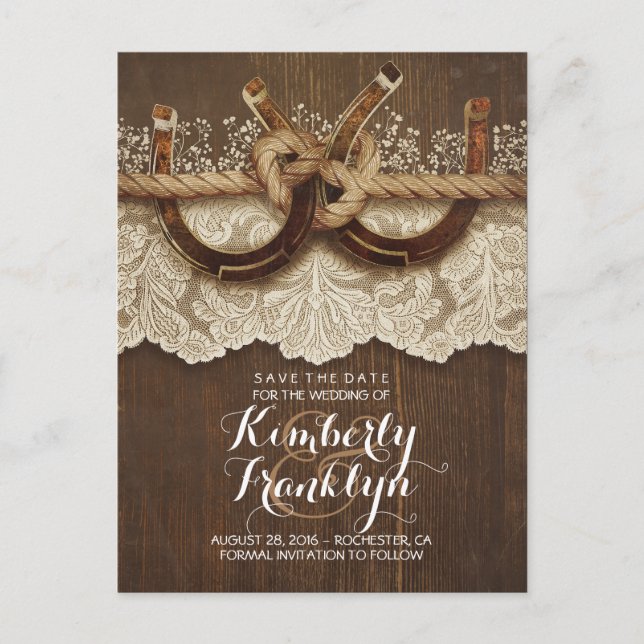 Lace Wood Horseshoes Rustic Country Save the Date Announcement Postcard (Front)
