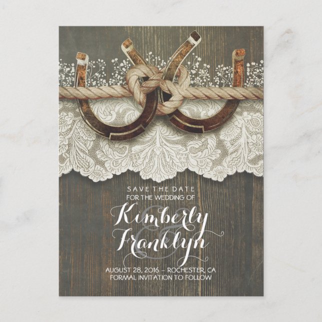 Lace Wood Horseshoes Rustic Country Save the Date Announcement Postcard (Front)