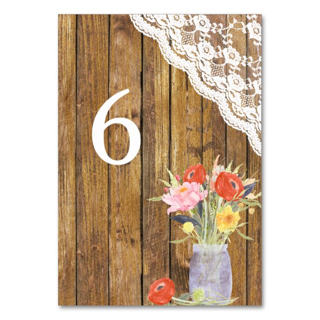 Lace Wood Mason Jar Floral Wedding Table Number (Front)