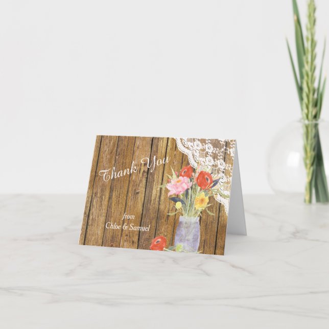 Lace Wood Mason Jar Floral Wedding Thank You Card (Front)