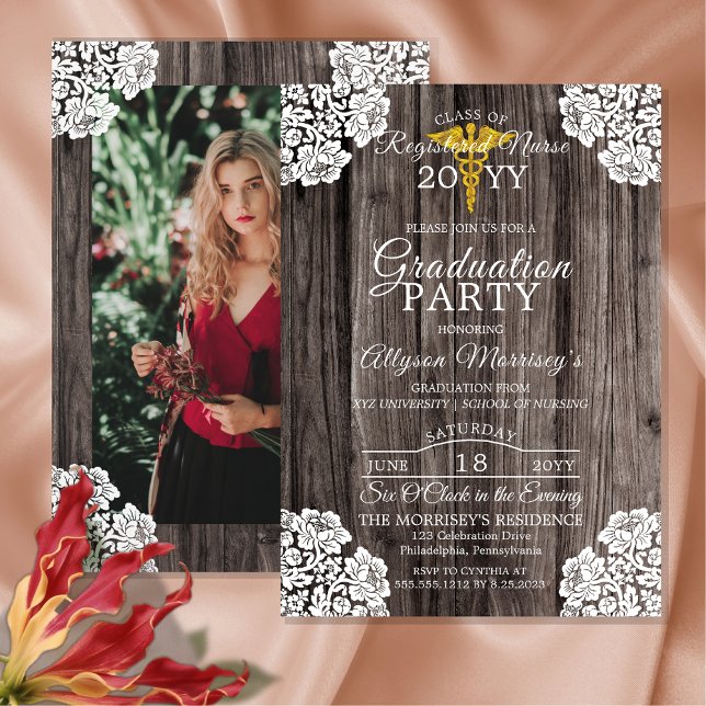 Lace Wood Photo Nursing School Medical Graduation Invitation (Lace and Wood Rustic Nurse Nursing School Graduate Graduation Announcement |  Party Invitation)