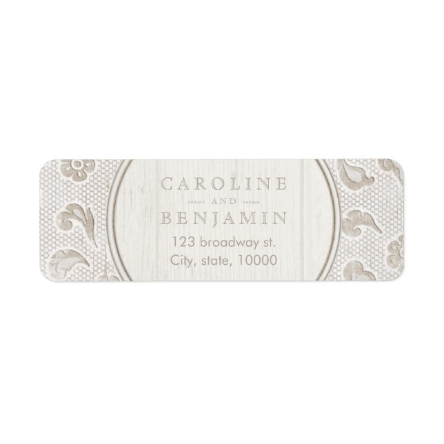 Lace wood rustic country wedding return address label (Front)