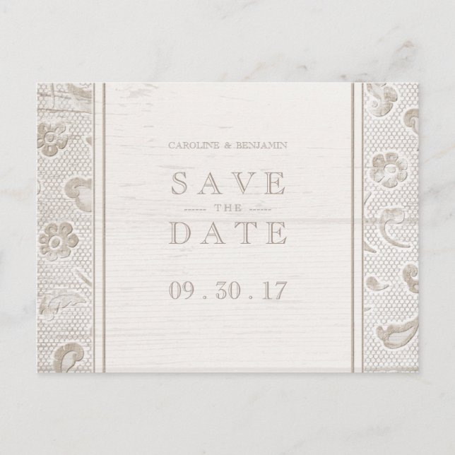 Lace wood rustic country wedding save the date announcement postcard (Front)