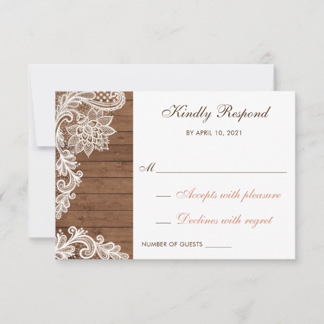 Lace Wood Rustic Respond RSVP Card Wedding (Front)