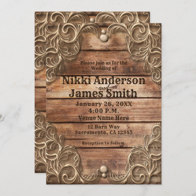 Lace Wood Rustic Vintage Western Elegant Wedding Invitation (Front/Back)