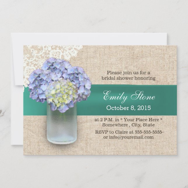 Laced Burlap Hydrangea & Mason Jar Bridal Shower Invitation (Front)