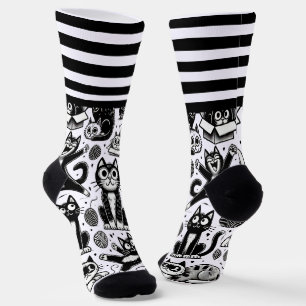 lack & White Cat Pattern Socks with Stylish Stripe