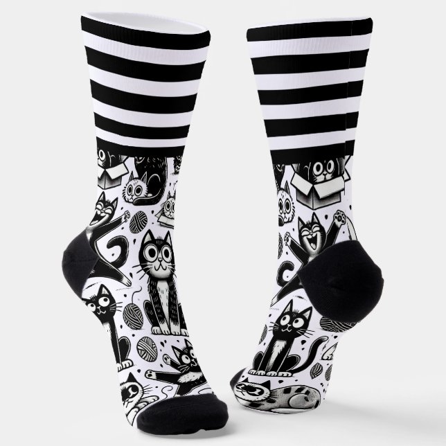 lack & White Cat Pattern Socks with Stylish Stripe (Angled)