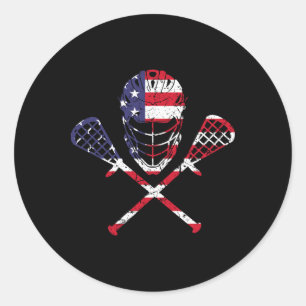 Lacrosse American Flag Helmet Sticks Men Tee 4th O Classic Round Sticker