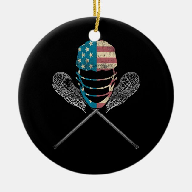 Lacrosse American Flag Lax Helmet And Stick Ceramic Ornament (Front)