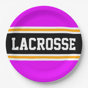LACROSSE Bright Pink Black Yellow Racing Stripes Paper Plate
