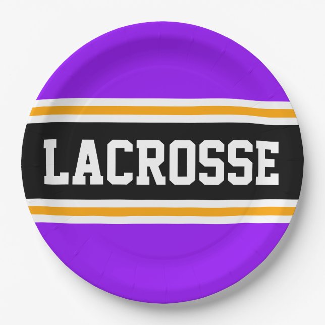 LACROSSE Bright Purple Black Yellow Racing Stripes Paper Plate (Front)