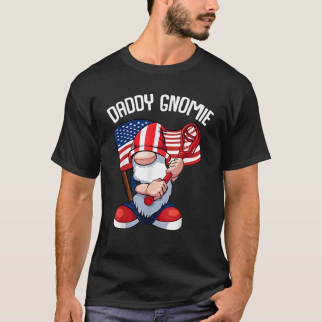 Lacrosse Daddy Gnome 4th Of July American Flag Mem T-Shirt (Front)