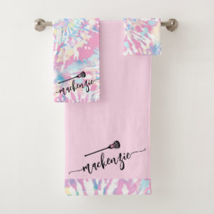 Lacrosse Girls Pink Tie Dye Personalised Name on Bath Towel Set
