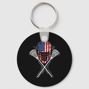 Lacrosse Helmet Crossed Sticks America Flag Gift Key Ring