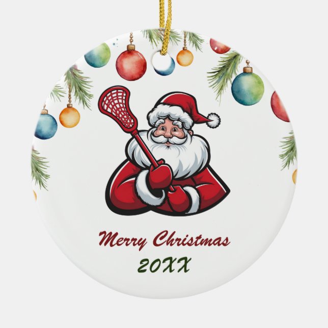 Lacrosse Merry Christmas Cute Santa Claus Custom Ceramic Ornament (Front)